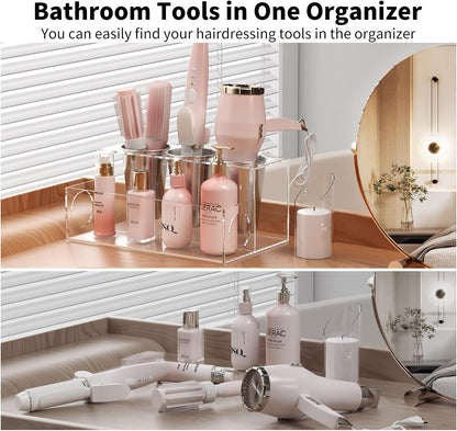 NIUBEE Acrylic Hair Tool Organizer,Hair Dryer Holder Countertop with 3 Cups | Clear, Hot Tools Organizer, Hair Blow Dryer Organizer for Curling Iron, Brush, Straightener, Makeup,Skincare,Vanity, Bathroom