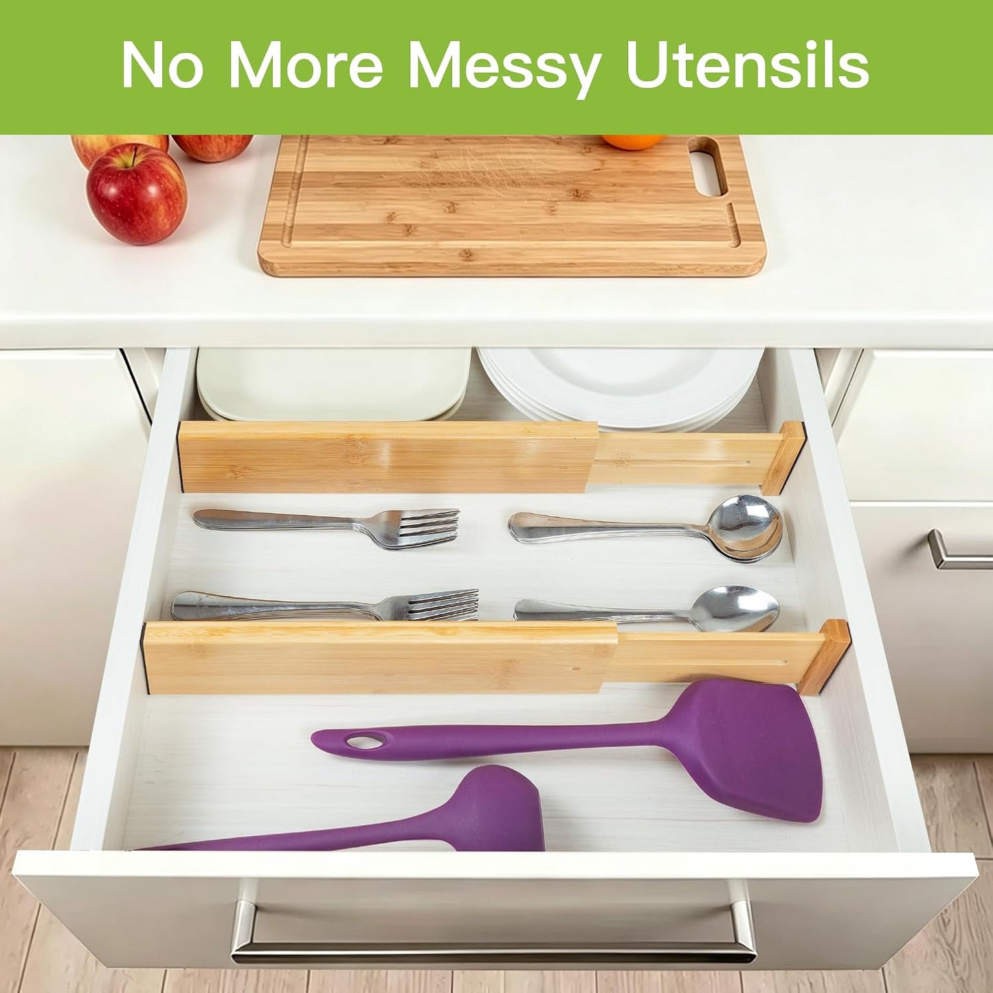 Utoplike 4 Pcs Bamboo Kitchen Drawer Dividers, Large Drawers Organizers | Adjustable Spring Loaded Expandable Organization, Works in Dresser, Bathroom, Bedroom, Office, Fit 17.8"-20.6" Drawer, 2.4"H