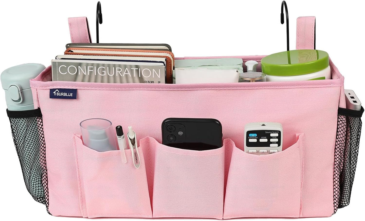 Surblue Bedside Organizer with Hook Bedside Caddy Hanging Storage Bag with Adjustable Straps and Water Bottle Holder for Home College Dorm Bunk Bed Accessories, Crib Bed Rails, Hospital Bed, Black