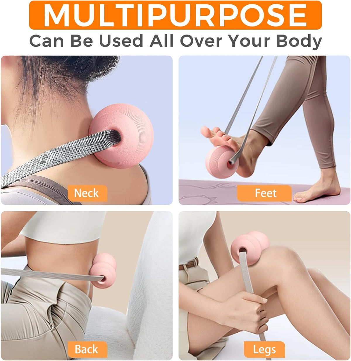 VICSKY Peanut Massage Ball with Handles & Pull Strap - Dual Trigger Point Therapy for Feet, Legs, Neck, Muscle Pain Relief, Myofascial Roller with Adjustable Strap (Pink)
