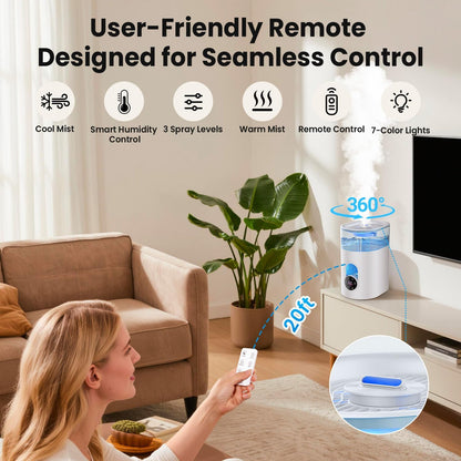 Humidifiers for Bedroom Large Room -GloryAir 6L Cool & Warm Mist Humidifier | Top Fill Design, Smart Humidity Control, Remote, 7-Color Light, Whisper-Quiet, Essential Oil Diffuser for Home & Plants,White