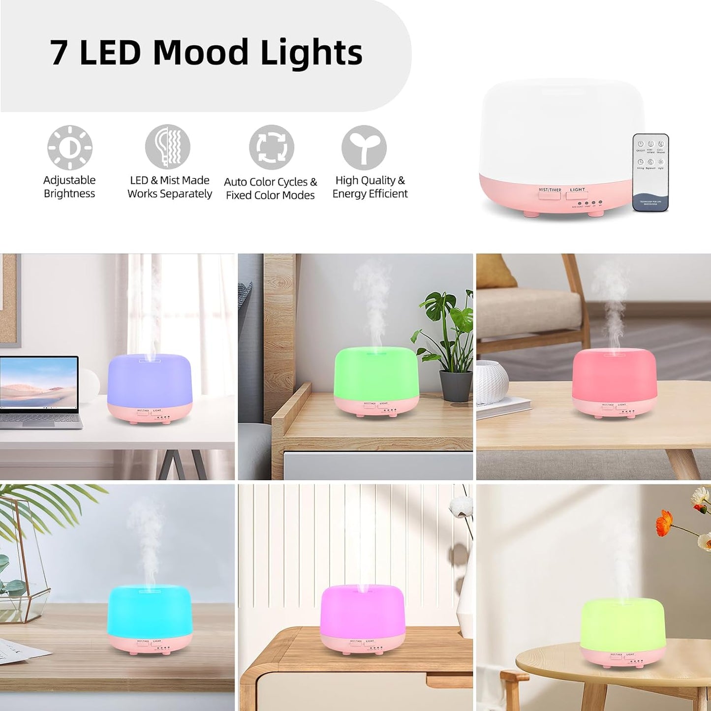 300ML Remote Control Air Diffusers for Essential Oil, Aroma Ultrasonic Scent Diffuser, Aromatherapy Humidfier Diffuser, 7 Color Changing LED Light, Auto-Off, Timer for Home, Room, Office, Kids