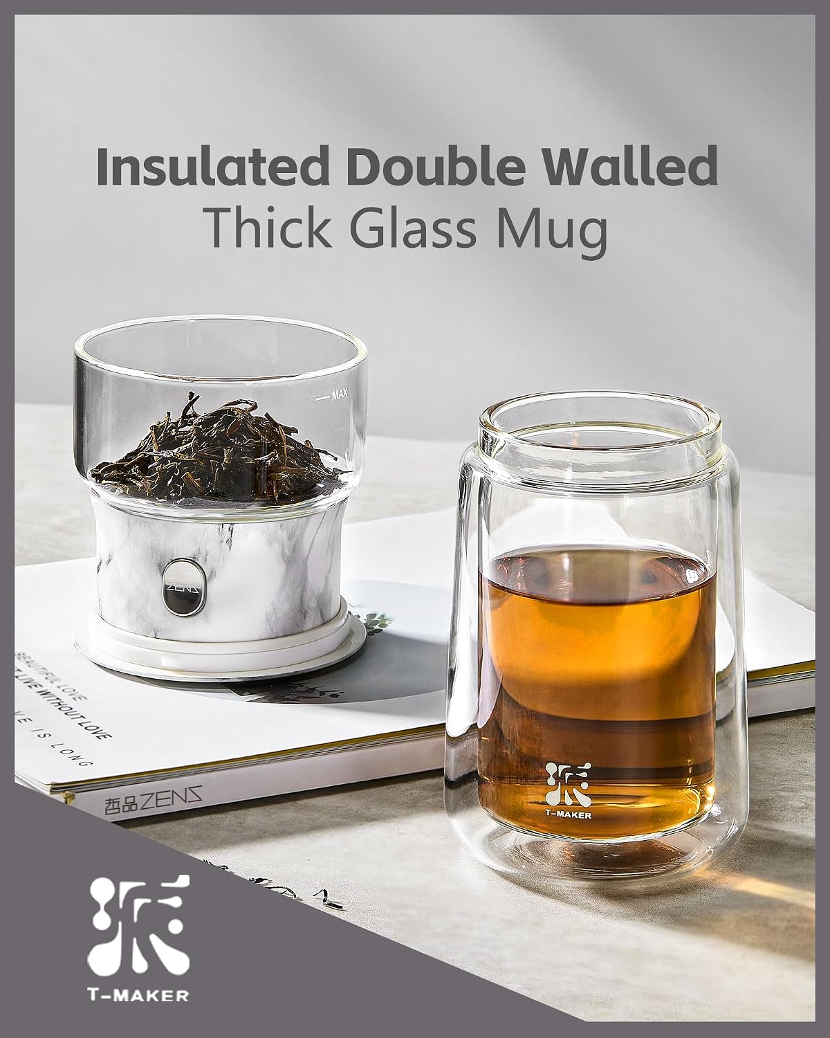 ZENS Glass Infuser Teapot, One Touch Tea Maker for Loose Leaf Tea, Walnut
