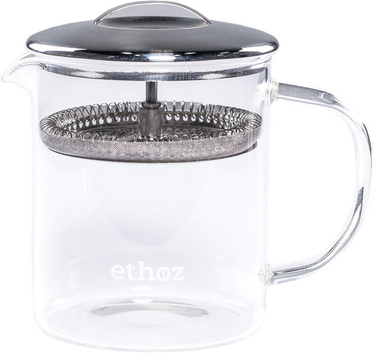 Ethoz by Planetary Design Borosilicate Glass TeaBrewer, Loose-Leaf Infuser | Borosilicate Chamber, Stainless Steel Strainer, 14 fl.oz. / 400 mL, Minimalist Design, Sustainable & Easy to Clean