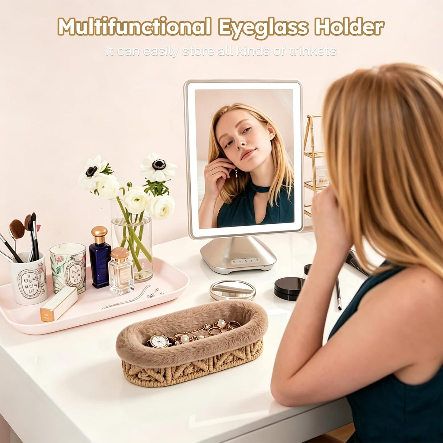 Glasses Holder, Anti-scratch Plush Lined Eyeglass Holder Stand | Oval Eye-glasses Storage Organizer Case for Nightstand, Office Desk, Bedside Table, Beige