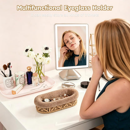 Glasses Holder, Anti-scratch Plush Lined Eyeglass Holder Stand | Oval Eye-glasses Storage Organizer Case for Nightstand, Office Desk, Bedside Table, Beige