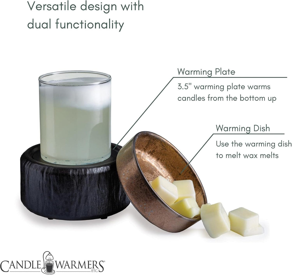 Candle Warmers ETC 2-in-1 Candle and Fragrance Warmer for Warming Scented Candles or Wax Melts and Tarts with to Freshen Room, Pewter Walnut