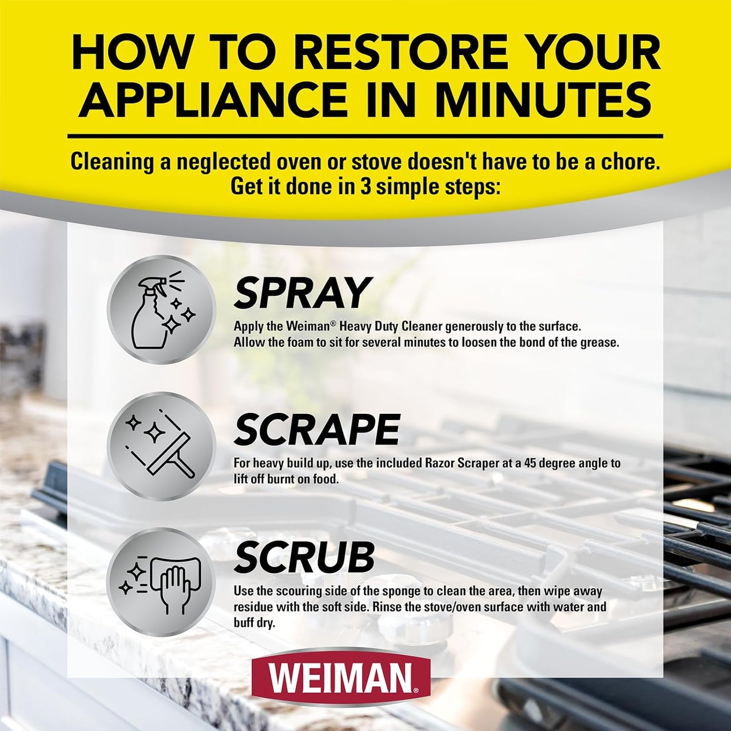 Weiman Heavy Duty Stove and Oven Cleaner 3 Piece Total Clean Kit, For Baked on Grease, Grime, Carbonized Food, Includes Foaming Cleaner (24oz), Precision Razor Tool, Dual-Action Scrub & Shine Sponge