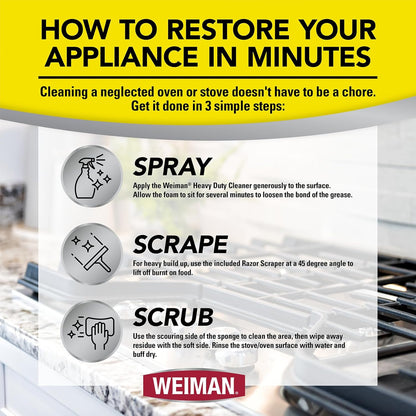 Weiman Heavy Duty Stove and Oven Cleaner 3 Piece Total Clean Kit, For Baked on Grease, Grime, Carbonized Food, Includes Foaming Cleaner (24oz), Precision Razor Tool, Dual-Action Scrub & Shine Sponge