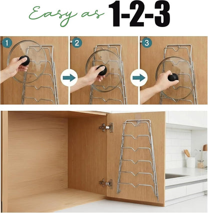 Evelots 6 Pot Lid Organizer for Cabinet Door or Pantry Wall - Closet Door Pots and Pans Lids Holder - Glass or Metal Pan Covers Cabinet Organizer Kitchen Storage - White 6 Tier Lid Rack