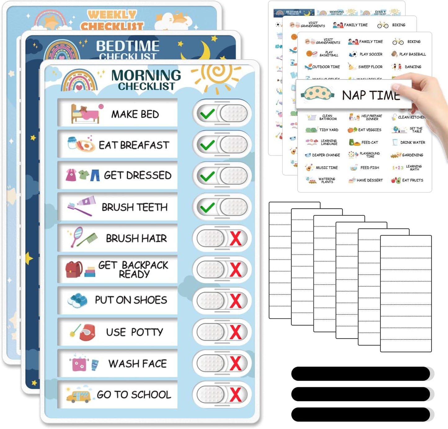 Upgraded Slider 4 in 1 Reward Chart for Kids, Reusable Bedtime/Morning/Daily Routine Chart for Kids, Magnetic Chore Chart for Kids Toddlers, Sticker Chart for Kids Behavior Chart for Kids at Home