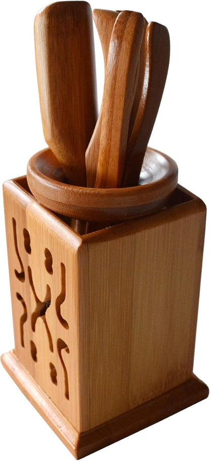 Chadao Tea Ceremony Set, 6-Piece GongFu Tea Bamboo Tools Spoon, Tin Needle Funnel (Square canister)