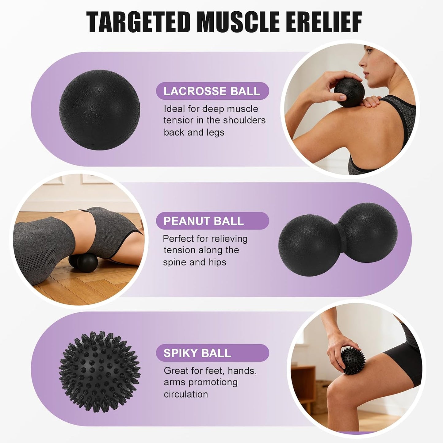 3-in-1 Massage Ball Set, Peanut Ball, Spiky, Lacrosse for Plantar Fasciitis | Includes peanut, spiky & lacrosse balls. For yoga, myofascial release, deep tissue massage, back neck shoulder pain relief.