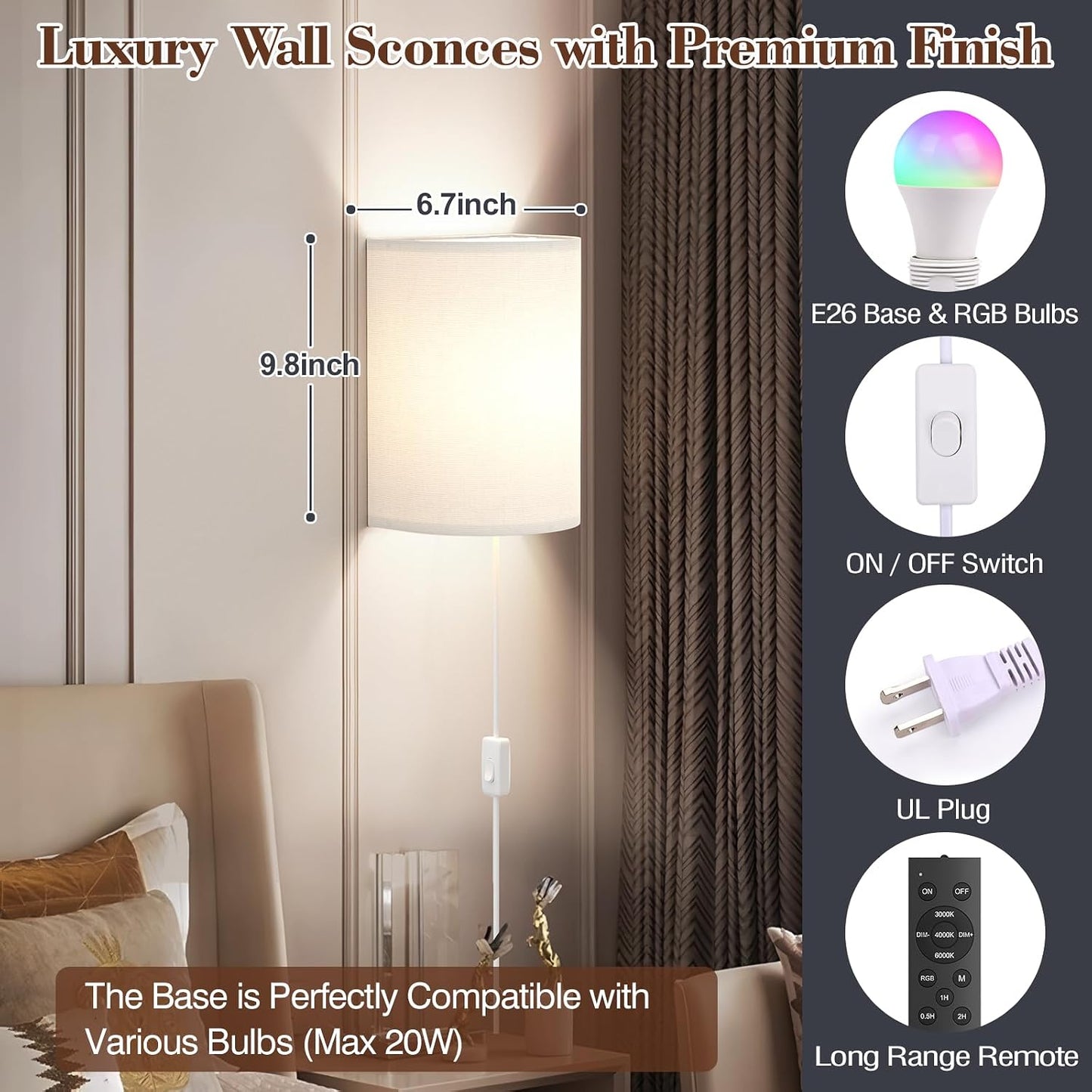 Battery Operated Wall Sconce Set of Two: 10000mAh Wireless Wall Light with Rechargeable Magnetic Bulb - Dimmable Wall Lamp with 7 RGB Colors - Linen Shade Sconces with Remote for Bedroom Living Room