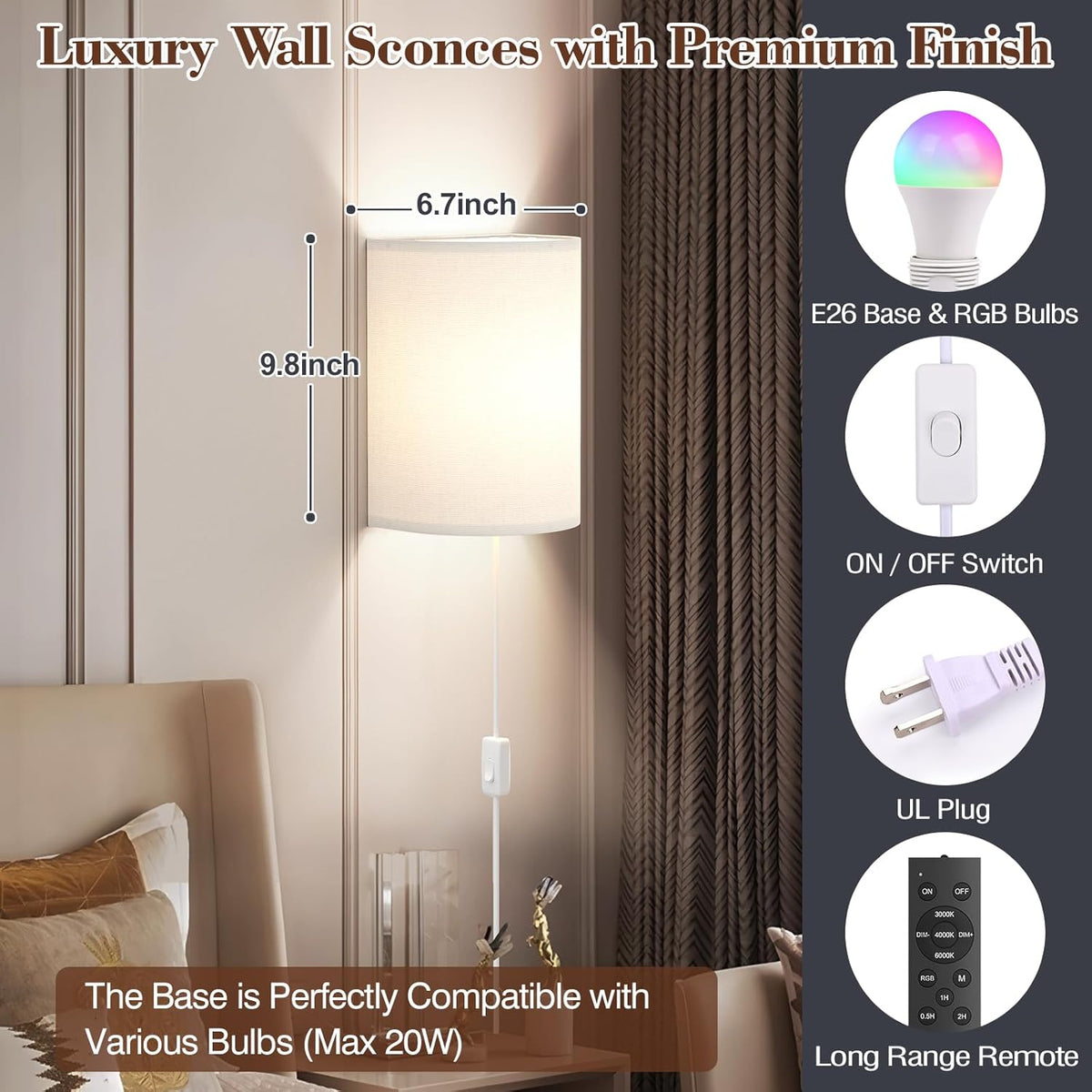 Battery Operated Rechargeable Wall Sconce Set of Two with 10000mAh Battery