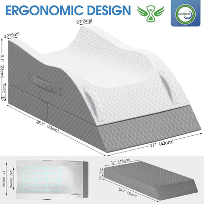 TranquilRelax Leg Elevation Pillows for After Surgery, Wedge Pillow, Grey | Memory Foam, All-around Knee & Ankle Support for Swelling, Height-adjustable, Nop-Slip Bottom, Washable Cover, Single-leg