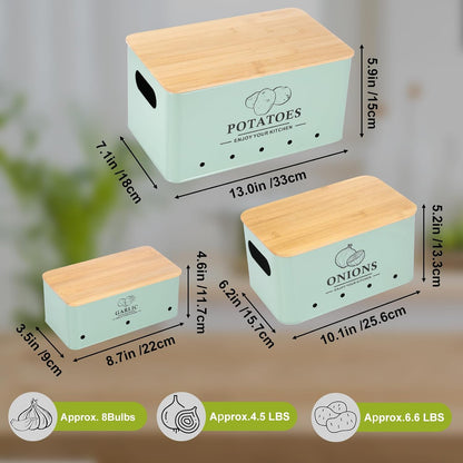Kitchen Vegetable Storage Set of 3, Metal Onion Garlic Potato Storage Set, Kitchen Canisters Vegetable Keeper Containers with Aerating Holes and Bamboo Lid,Black