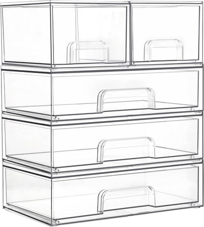 Vtopmart Clear Stackable Storage Drawers Set of 6, Plastic Organizer Bins | Multi-purpose Boxes for Bathroom Accessories Storage, Ideal for Cabinet, Shelf, Pantry, Laundry Room Organization