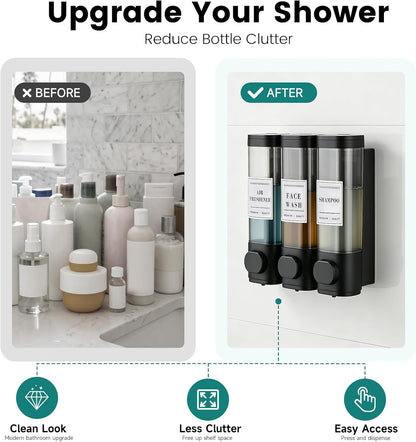 Wall Mounted Shower Soap Dispenser 3 Chamber,No Drill Shower Dispenser | Shampoo and Conditioner Dispenser for Bathroom Hotel Large Capacity, each 300ml with two waterproof labels,Gold