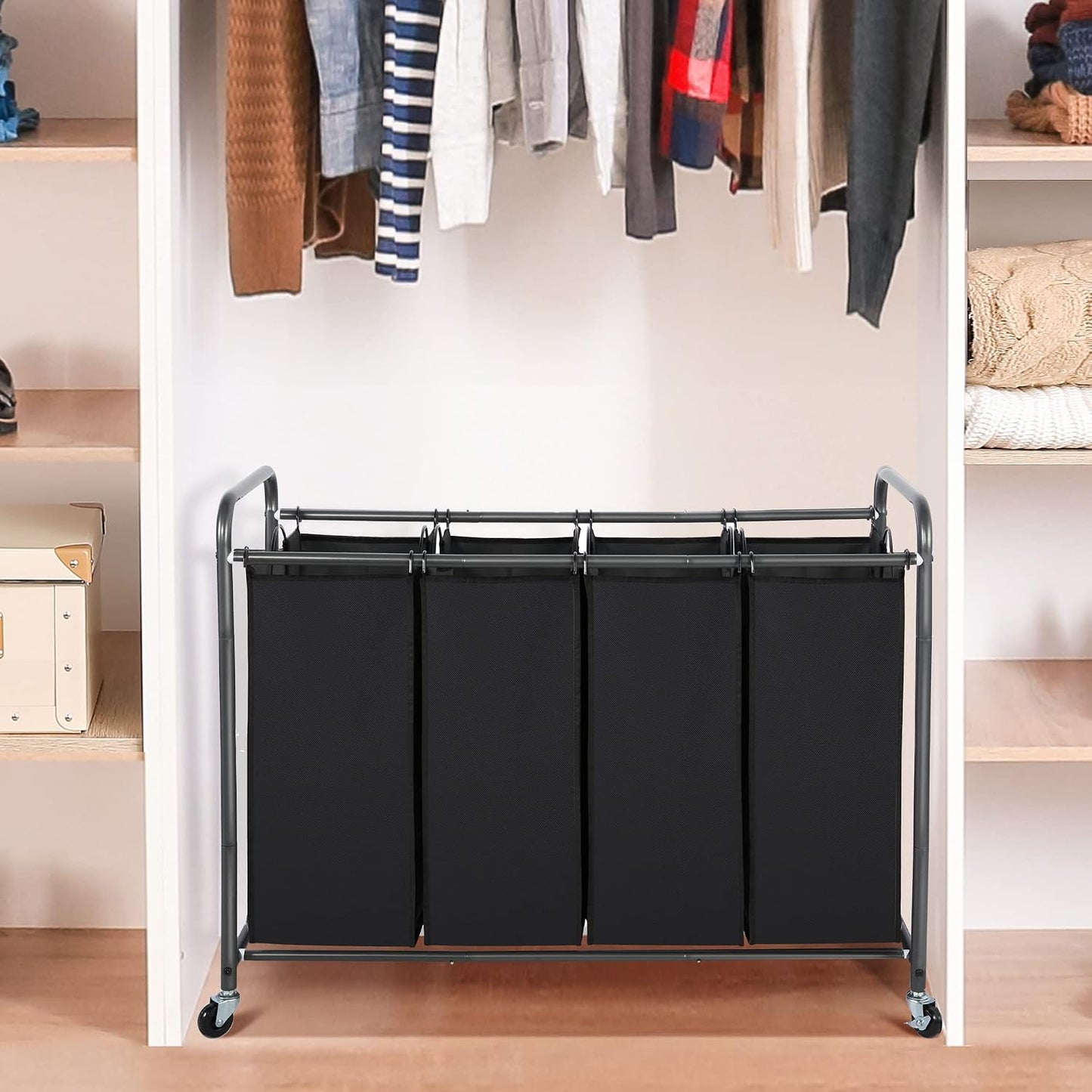STO STO Laundry Sorter 3 Section, 3 Bag Clothes Hamper, Rolling Laundry Cart Basket with Heavy Duty Lockable Wheels and Removable Bag for Laundry Room, Bedroom, Closet, Black