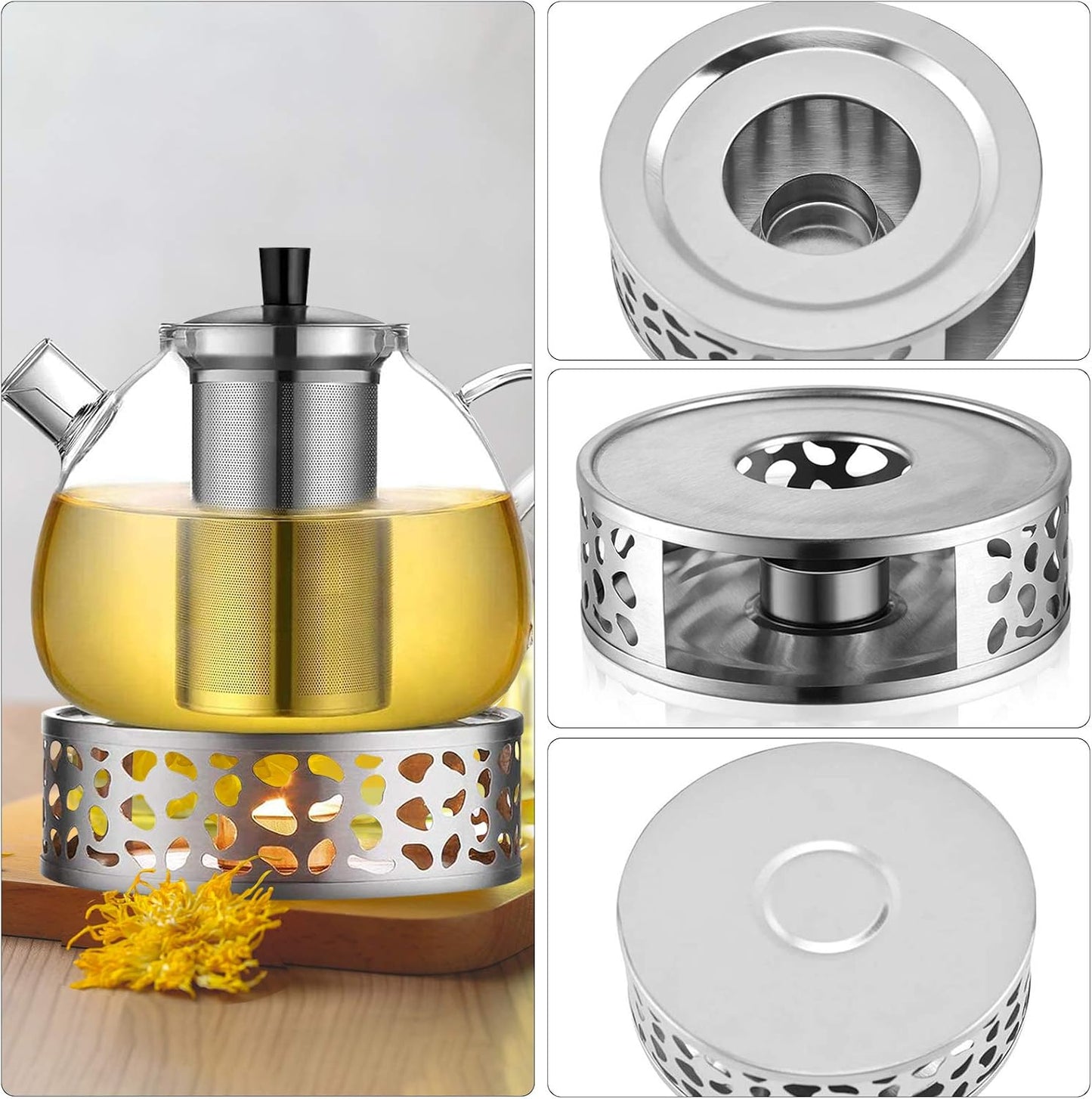 Teapot Warmer with Hollow Frame Design Candle Holder Stainless Steel Coffee Warmer Base for Glass Teapot and Other Heatproof Dish Warming Use