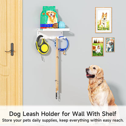 Dog Leash Holder for Wall, Key Holder Wall Mount, Metal Dog Leash Hooks, Pet Stuff Storage Shelf for Leash Hanger, Entryway Organizer Key Rack for Pet Collar, Treats, Toys, Mail (Black)