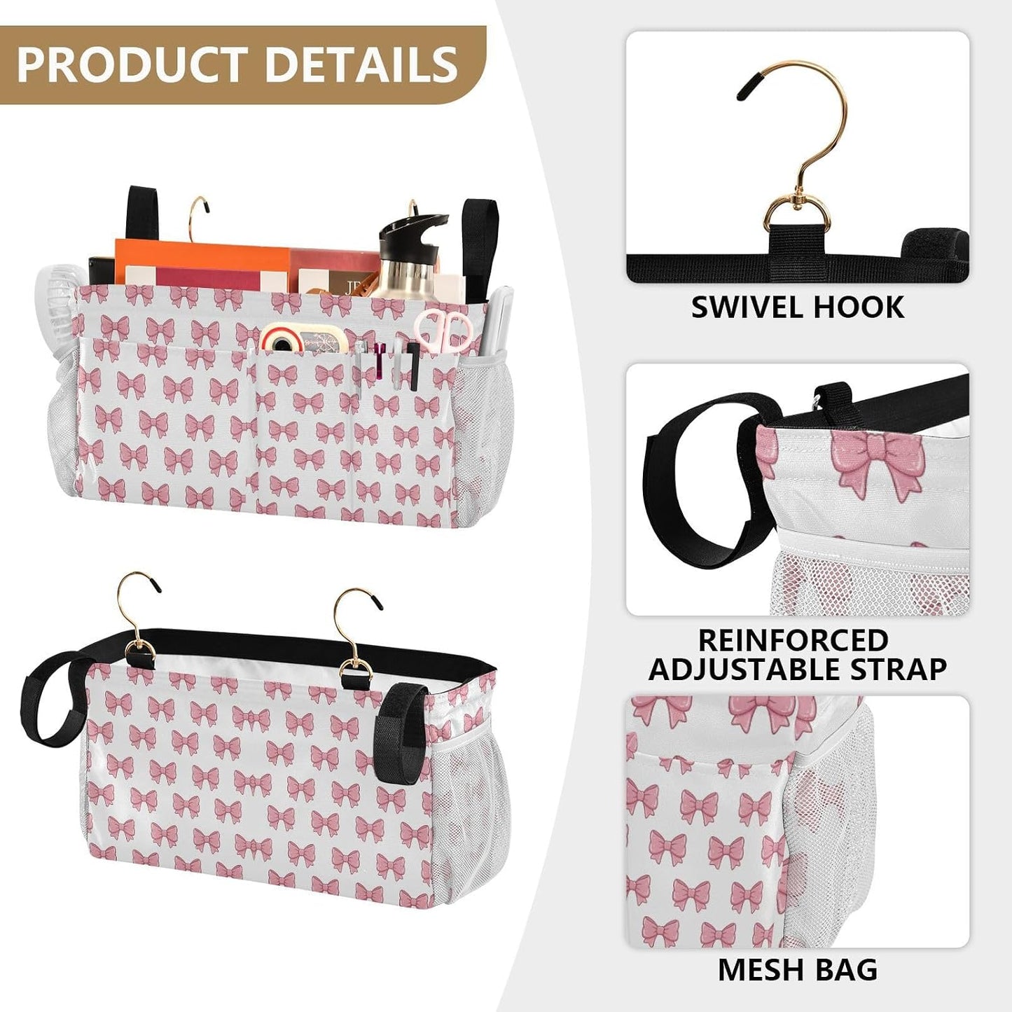 Bedside Caddy Hanging Storage Bag Pink Bows Bedside Organizer Caddy for Bunk, Dorm Room, Hospital Beds - Place Magazines / Remotes / Keys