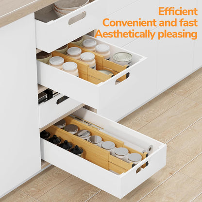 BAMEOS Bamboo Expandable Drawer Dividers – Fits 16.6"–22" Drawers, 2" High, Set of 4 | Spring-Loaded Bamboo Separator for Kitchen Island, Bathroom Vanity & Dresser Drawers