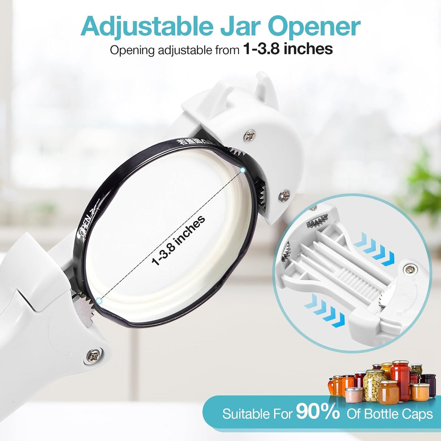 Jar Opener for Seniors with Arthritis, 7 in 1 Bottle Opener and Wine Corkscrew, Easy Grip Kitchen Gadget for Weak Hands Elderly, Retractable Jaw Lid Opener with Magnetic Storage (Teal)