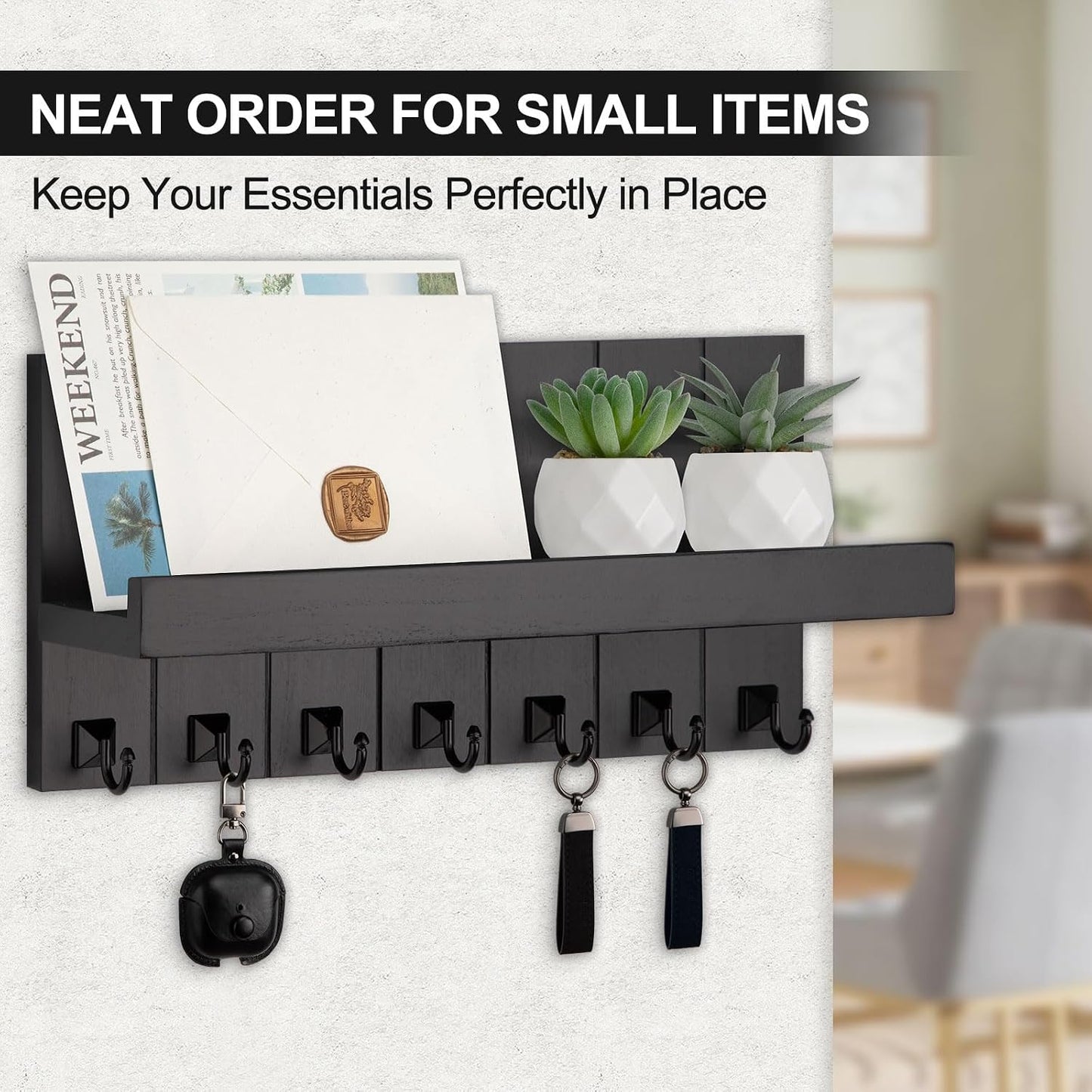 Key Holder for Wall, Decorative Key Holder with Shelf | Key and Mail Holder Wall Mount, Farmhouse Decor with 5 Key Hooks for Keys, Coats, ect.
