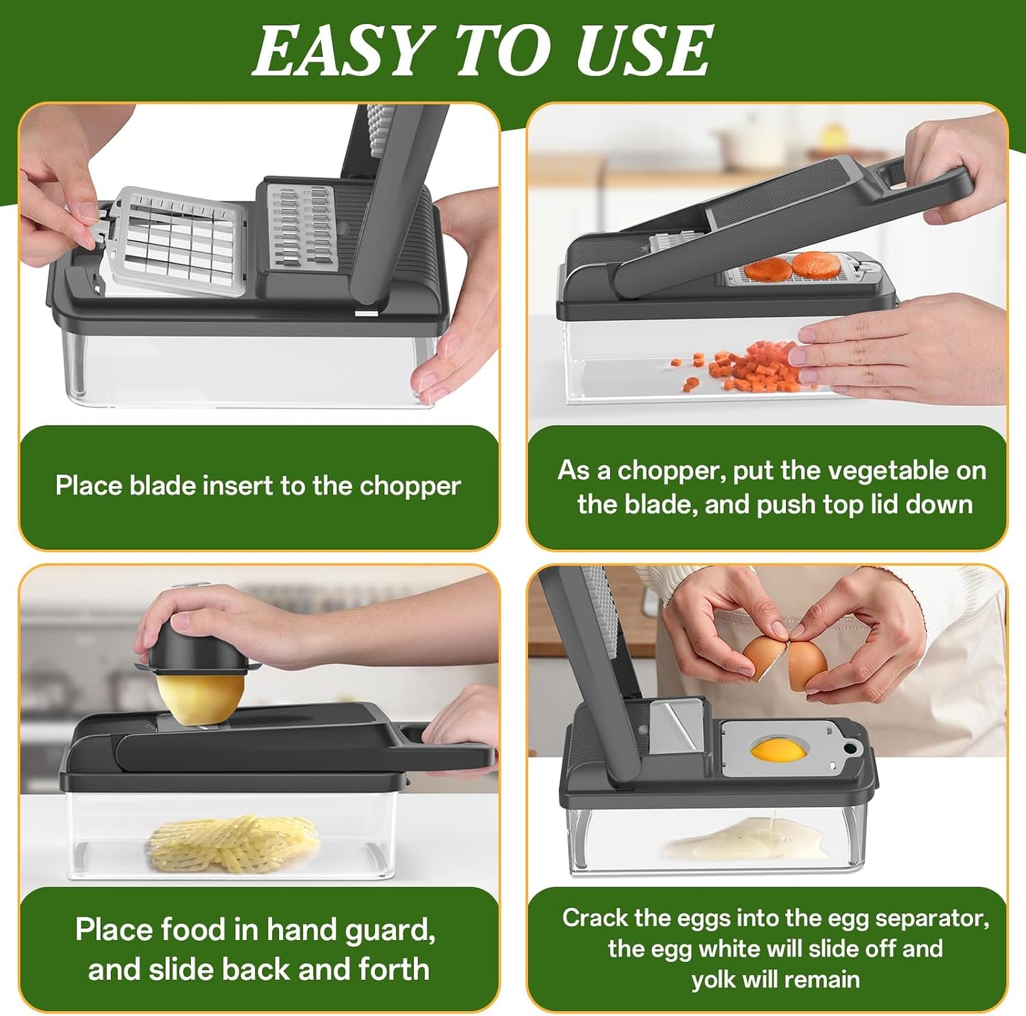 HomeHacks Vegetable Chopper Vegetable Cutter, 12 in 1 Kitchen Gadget, Dicer, Slicer, Onion Cutter, Salad, Cheese Grater & Egg Separator - Multi-Functional Veggie Chopper Lid with Handle (Green)