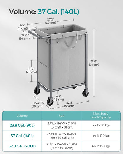 SONGMICS Laundry Basket with Wheels, 4-Section Rolling Laundry Hamper, 68.6 Gallons (260 L), Removable Liner, Steel Frame with Handle, 43.3 x 15.4 x 31.9 Inches, Cream White URLS014W01