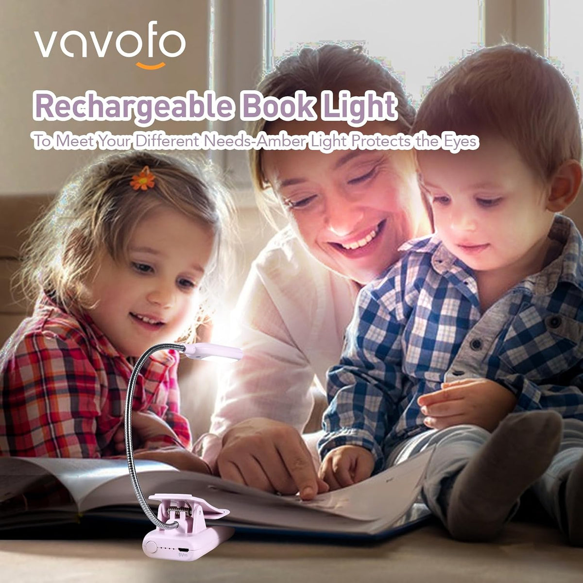 VAVOFO Rechargeable Book Light, Blue Light Blocking, Amber 1600K Clip On Reading Light, Eye Care 7 LEDs Kids Book Light for Reading in Bed with Power Indicator for Bookworms (Neon Orange)