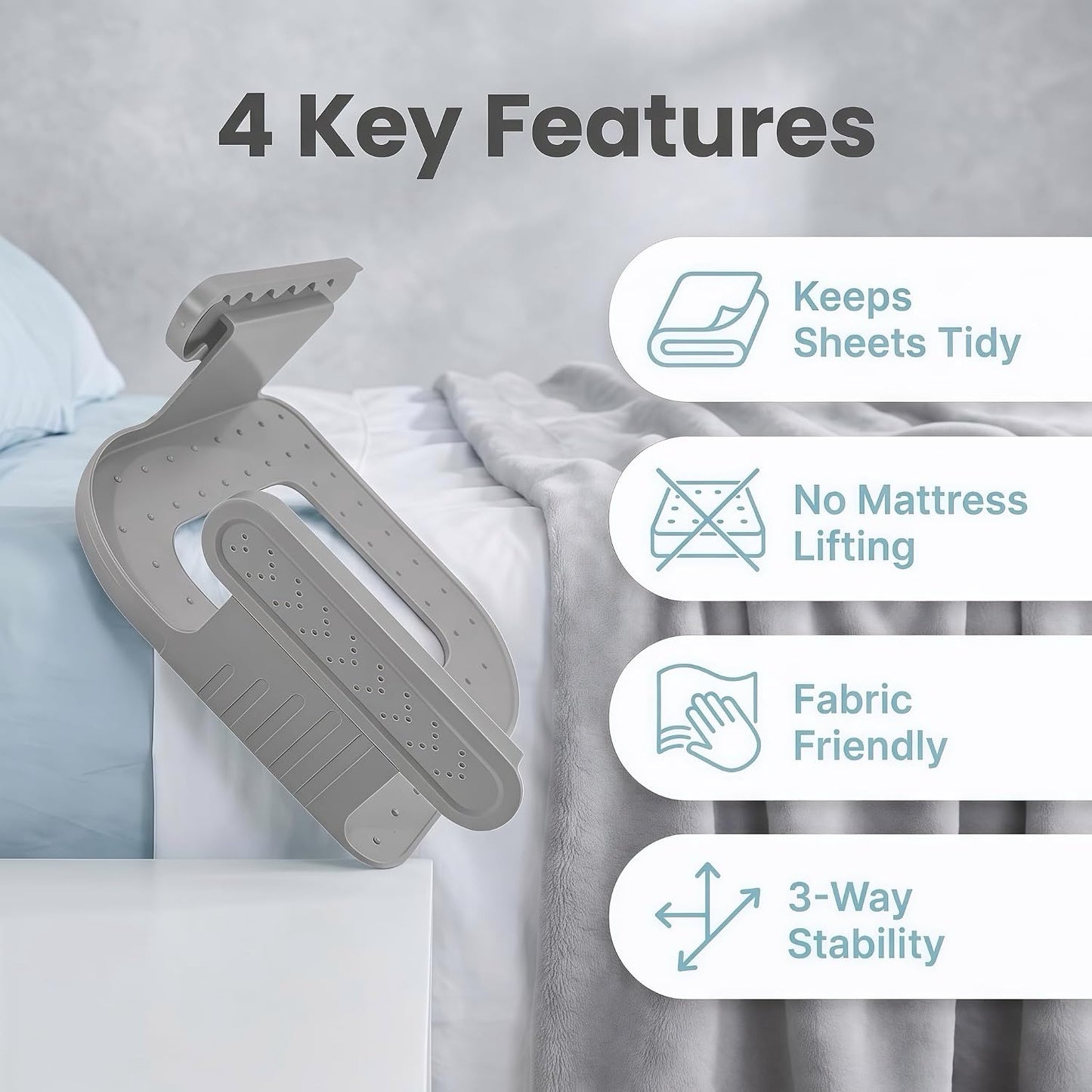 Upgraded Reinforced Bed Sheet Holders for Corners，Fitted Sheet Holder Clips, 4Pcs Grey | Adjustable Bed Sheet Clips to Keep Sheets in Place, Fitted Sheet Straps for Mattress, No Slip Bedding Clips for Bedroom