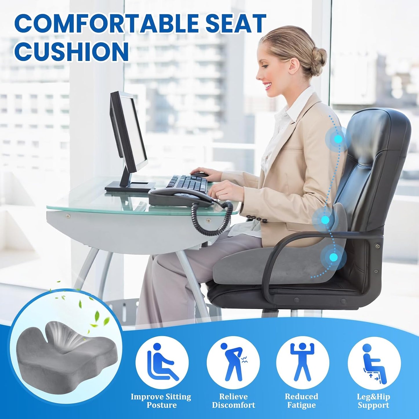 CushZone Ergonomic Seat Cushion, Sciatica Support for Office Chair, Black | Large Size for Sciatica & Hip & Tailbone Pain Relief, Memory Foam Office Chair Cushion for Car, Long Trip, Desk Chair, Lab