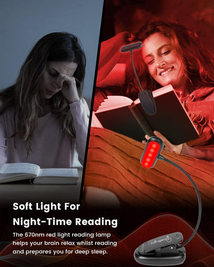 670nm Red Light Book Light LED Rechargeable USB-C Clip On Book Lights for Reading at Night, 100% No Blue-Light Eye Care Book Lamp 360° Flexible, Gift for Kids, Travel, Learning