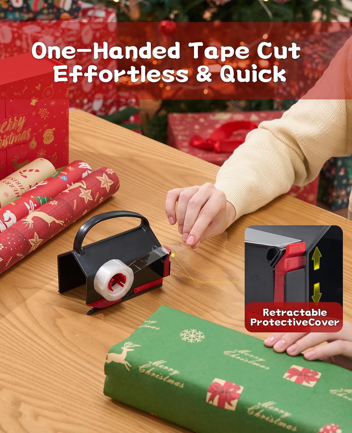 2 Pack Wrapping Paper Cutter & Tape Dispenser Dual Use, Gift Wrap Cutter Tool for Rolls Paper with 4 Tapes & 2 Replace Blades Kit for Christmas Birthday, Easy Cut for Present Wrapping