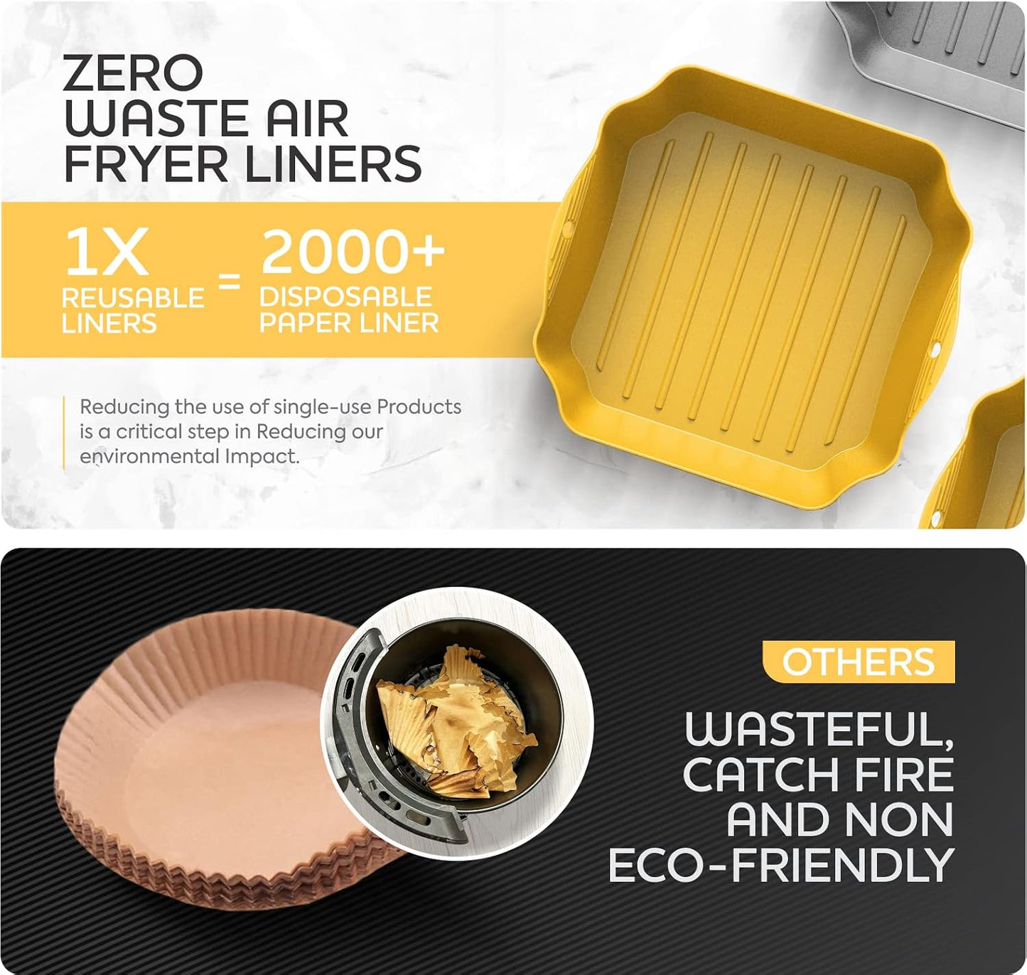 Reusable Silicone Air Fryer Liners Set, 7.5" Square Liners for 4-7QT Air Fryer Tray Baking Oven, Handles & Holes, by Zip Standing