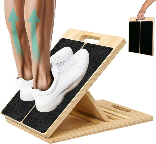 Slant Board, Wooden 5‑Angle Calf Stretcher Non‑Slip for Plantar Fasciitis & Achilles Pain Relief, 350 LBS Portable Therapy Foot Stretcher with Training Poster, Relief Leg Heel Ankle Pain