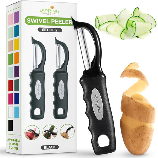 Spring Chef Swivel Vegetable Peeler for Kitchen w/Soft Grip Handle, Black | Premium Potato Peeler w/ Ultra Sharp Stainless Steel Blades, Multifunctional Veggie Peeler for Apple, Carrot, Cucumber, Fruit