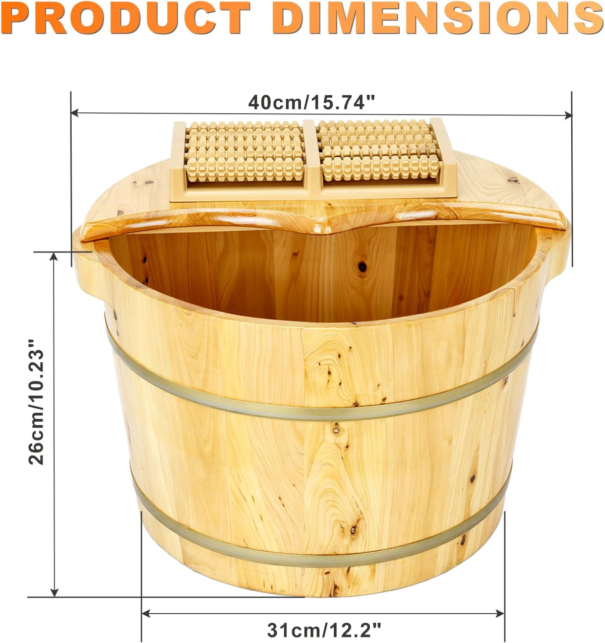 tonchean 15.74in*12.2in*10.23in Wooden Foot Bath Bucket, Thick Insulated Wooden Foot Basin with Massage Roller and Lid Foot Wash Bucket for Foot Bath, Massage, Spa Suitable for All Ages