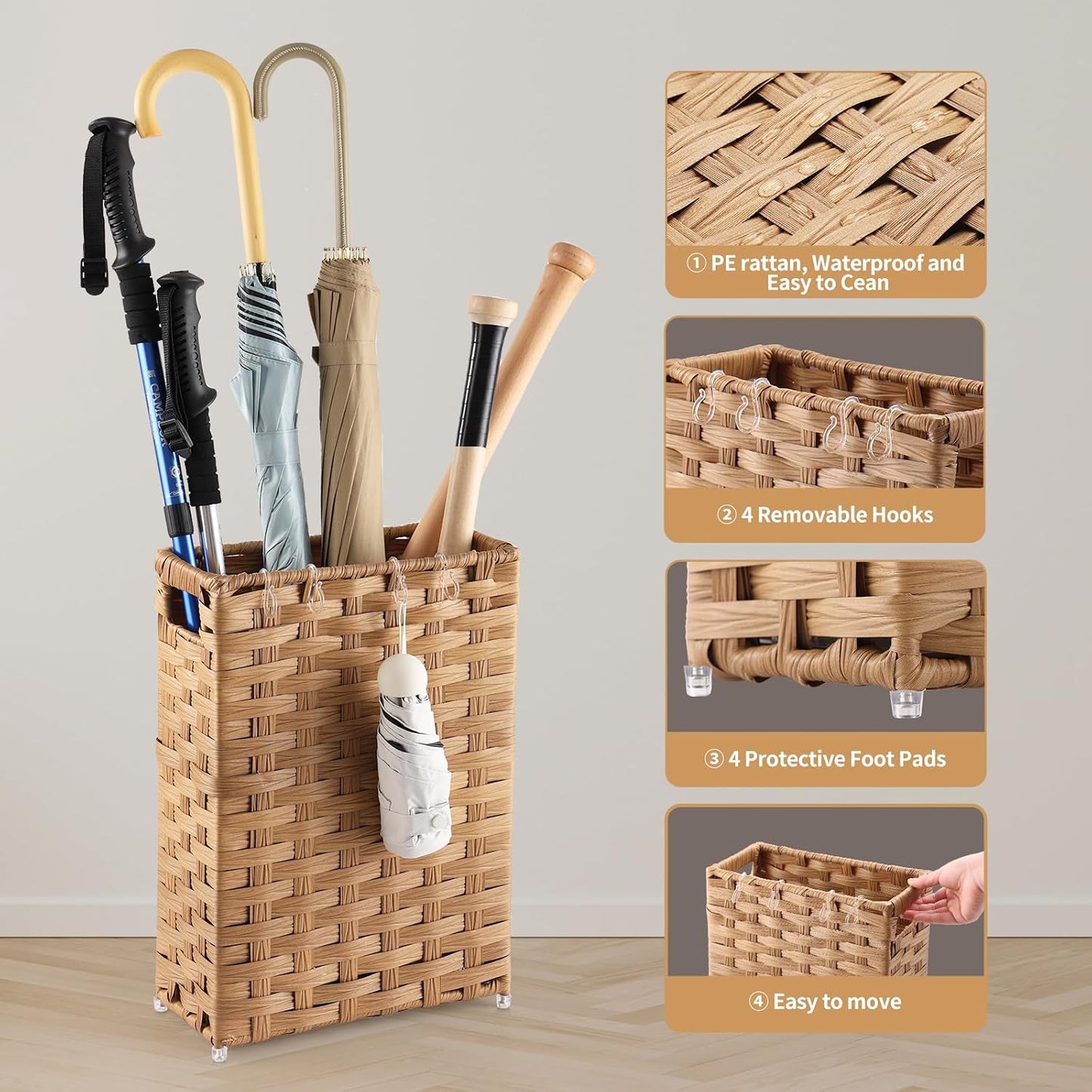 Rattan Umbrella Stand, Umbrella Holder for Entryway, Hand Woven Umbrella Rack Organizer Freestanding, with a Detachable Drip Tray, 4 Hooks, 11.8" L x 5.5" W x 16.5" H, Natural