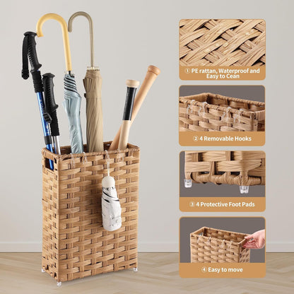 Rattan Umbrella Stand, Umbrella Holder for Entryway, Hand Woven Umbrella Rack Organizer Freestanding, with a Detachable Drip Tray, 4 Hooks, 11.8" L x 5.5" W x 16.5" H, Natural
