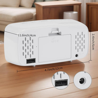 Dimmable LED Alarm Clock 2-Level Brightness, Wired Shaker, Snooze Function, Fits Bedside Table 4.7" L x 1.6" W x 2.4" H White Housing with Blue Light