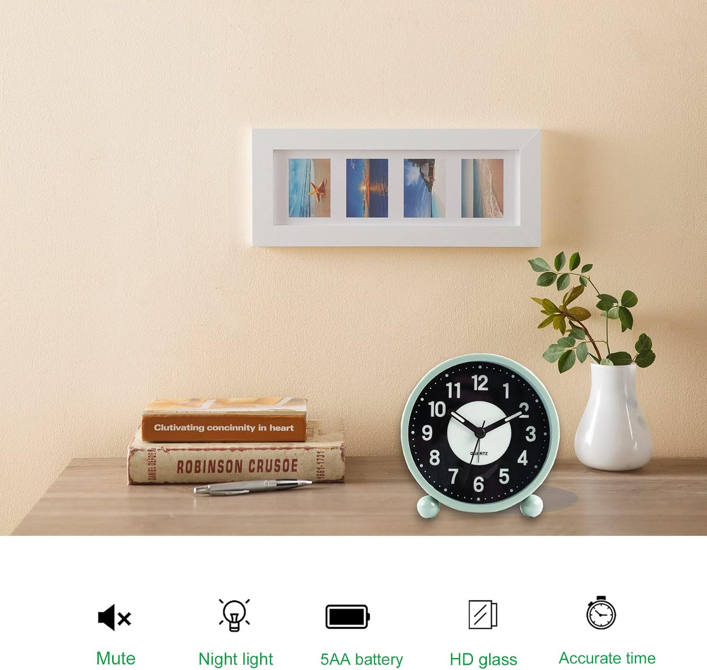 Alarm Clock Luminous 4 "Round Silent Analog Table Clock Non-Ticking, Battery Operated with Loud Alarm and Night Light Small Desk Clock for Bedroom, Bedside Table