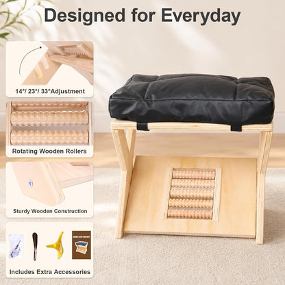 Double Step Footrest, Adjustable Wooden Foot Stool Under Desk with Massage Roller Footboard and Cushioned Top, Under Desk Footrest for Home Office