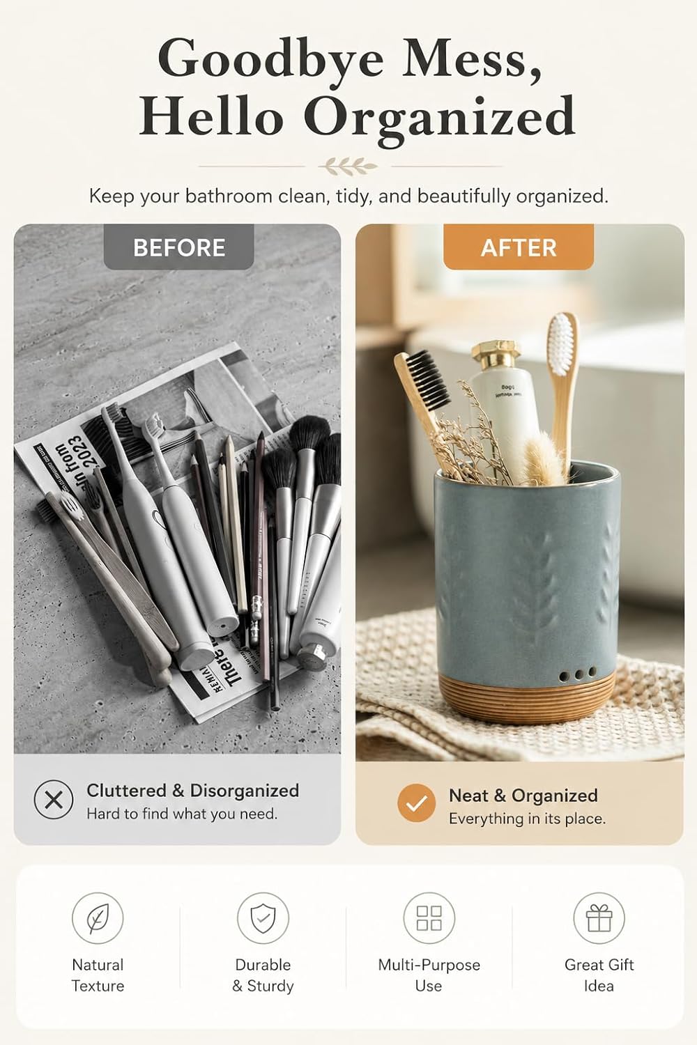 LYEOBOH Ceramic Toothbrush Cup, Cute Toothbrush Holder with Drainage White | Farmhouse Toothbrush Container, Countertop Toothbrush Organizer, Toothbrush Storage for Bathroom Vanity & Countertop