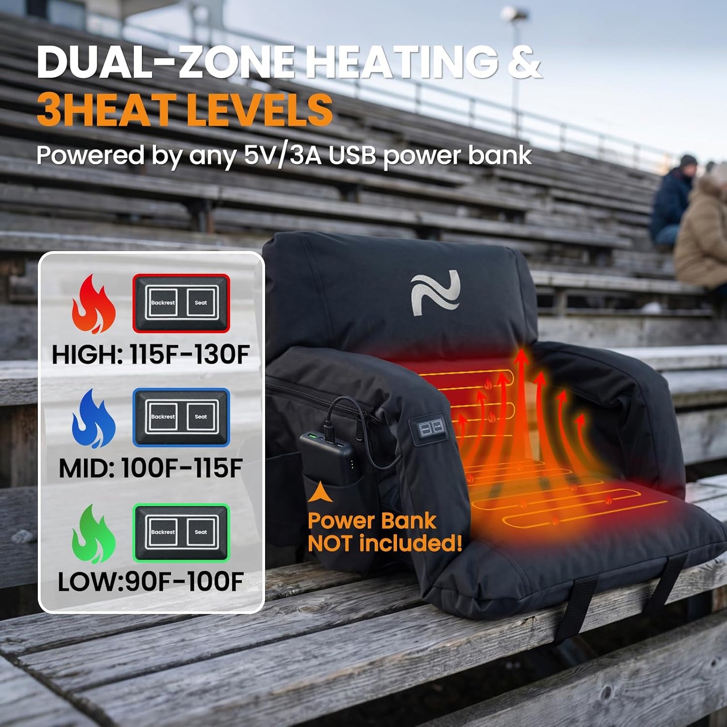 25in 5.12" Extra Thick&Wide Heated Stadium Seat for Bleachers | Sofa Style Design Thick Bleacher Chair With Back and Comfy Cushion, 6 Reclining Positions, 3 Heat Levels (NO Battery)