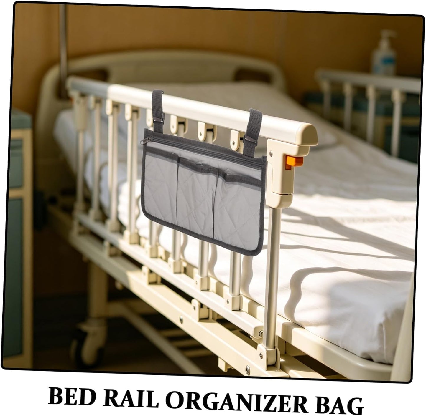 Bedside Rail Organizer Bag with 4 Pockets, Cup Holder, and Zipper Phone Pouch, Universal Multi-use Storage Caddy for Senior Safety and Mobility Assistance on Hospital or Dorm Beds