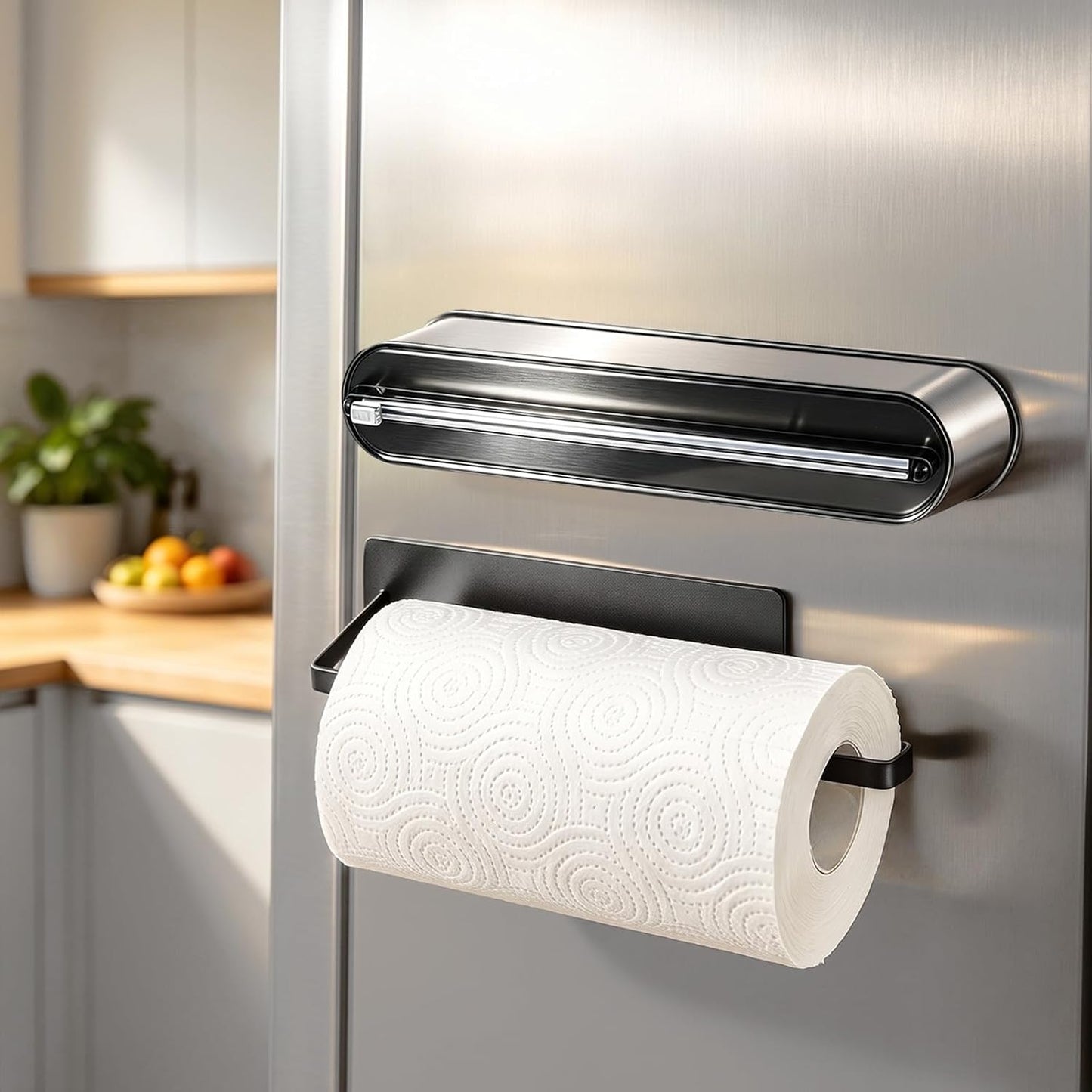 Lothee 2-piece Magnetic Foil & Plastic Wrap Dispenser with Cutter and Magnetic Paper Towel Holder Stainless Steel Kitchen Organizer Set Space Saving for Drawer Countertop Fit 12" Cling Film & 9" Paper